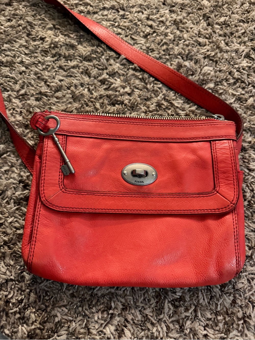 Vintage Fossil Orange Leather Crossbody Bag Key Charm Boho Purse